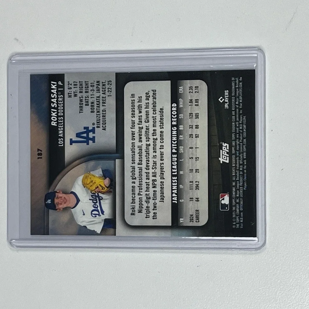 2025 Topps Stadium Club Roki Sasaki Los Angeles Dodgers RC Rookie Card #187